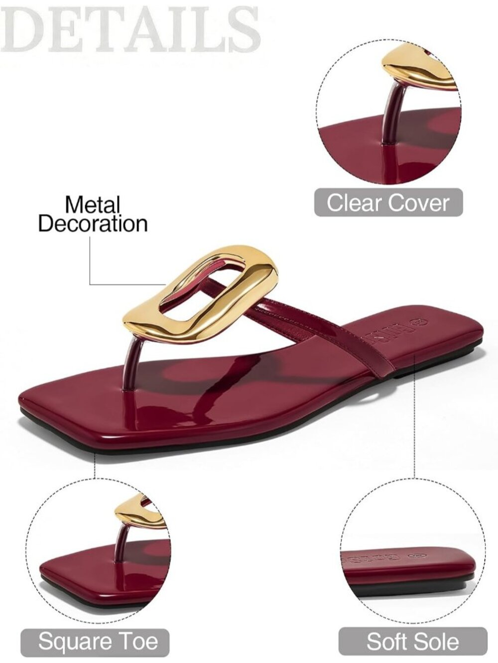 Women's Red Leather Flats Sandals Square Toe Metal Decoration Flip Flops Shoes - Picture 5 of 6